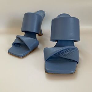 Kiro. Pamplona Leather Heeled Square Toe Sandal in Nappa Sky Blue Size 39